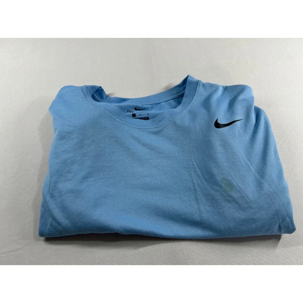 Nike Dri-FIT Mens Long Sleeve Training Shirt Light Blue Swoosh Logo Large